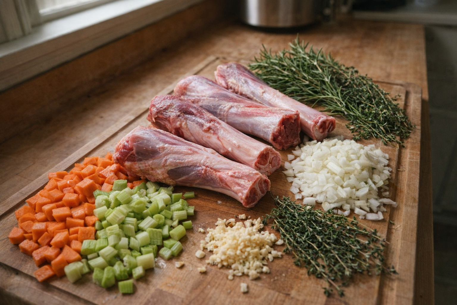 A high-angle shot of raw lamb shanks on a wooden cutting board, surrounded by chopped carrots, celery, onion, minced garlic, and sprigs of fresh rosemary and thyme. Natural light from a nearby window